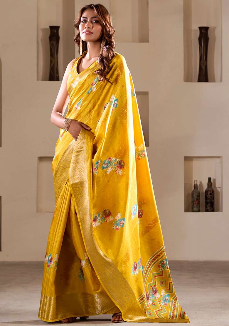 Yellow Embroidered Silk Blend Saree Set - Indya