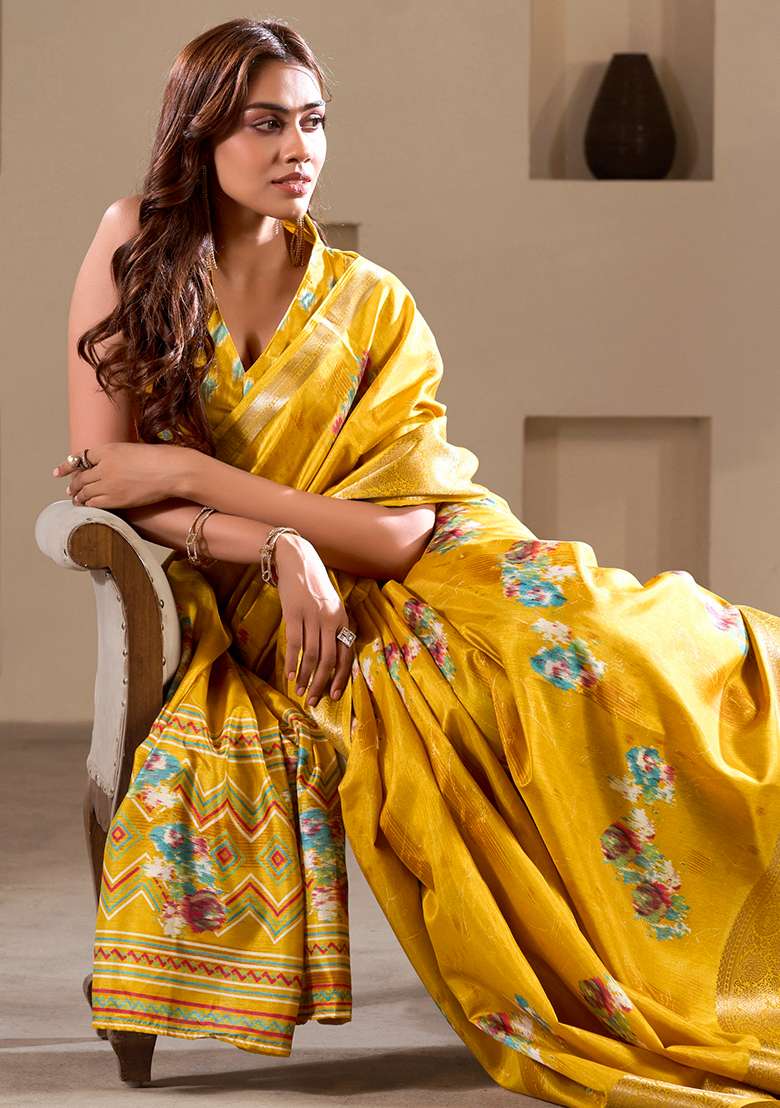 Yellow Embroidered Silk Blend Saree Set - Indya