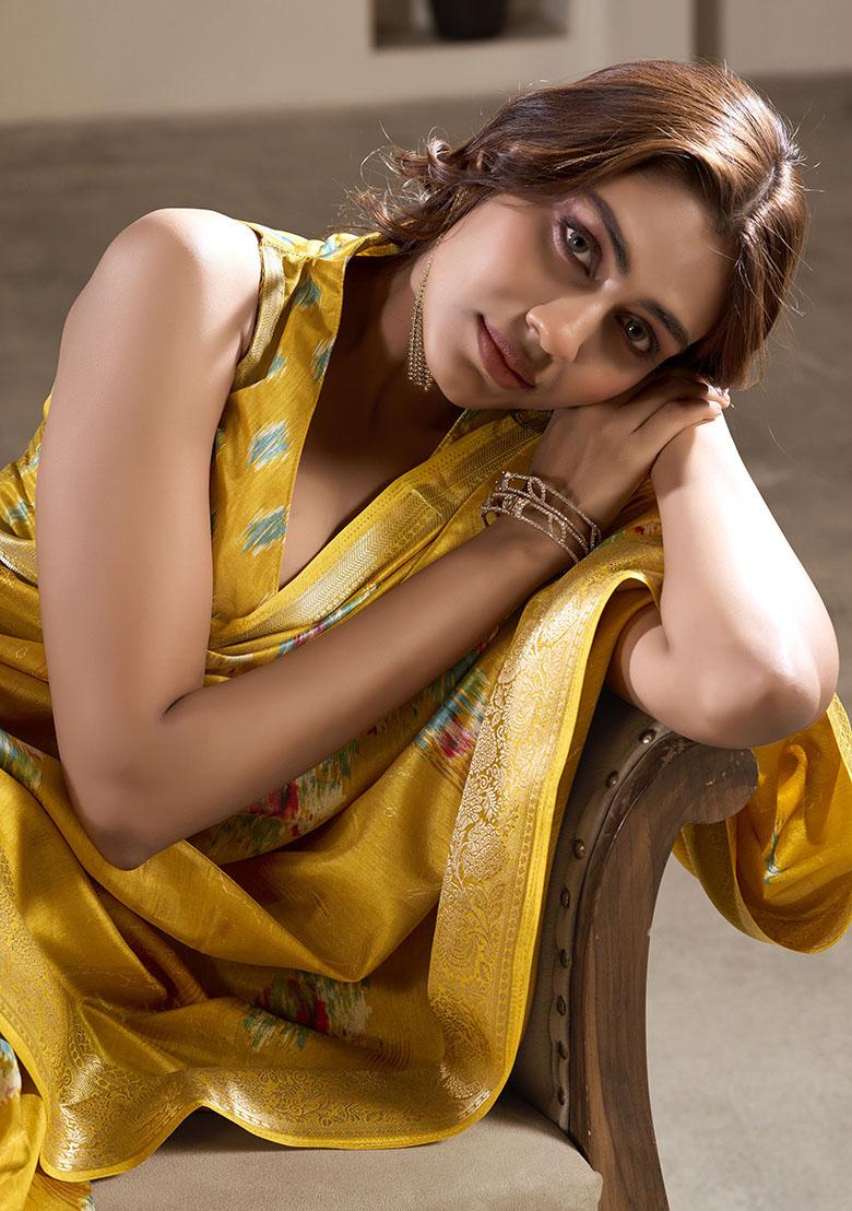 Yellow Embroidered Silk Saree Set - Indya