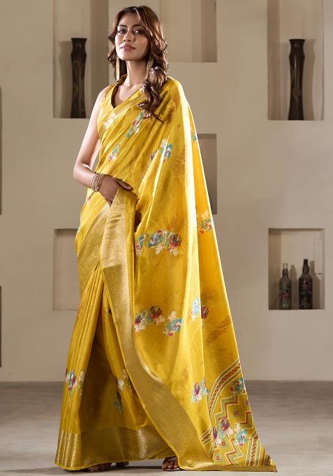 Yellow Embroidered Silk Saree Set