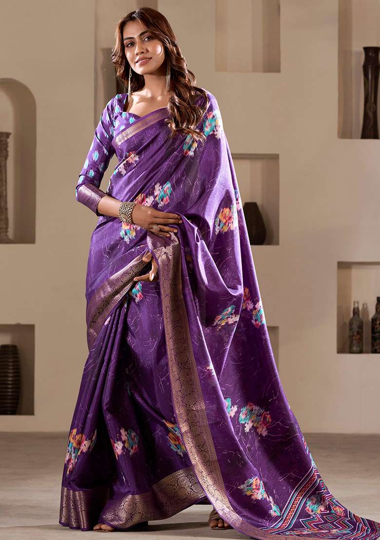 Purple Embroidered Silk Blend Saree Set - Indya