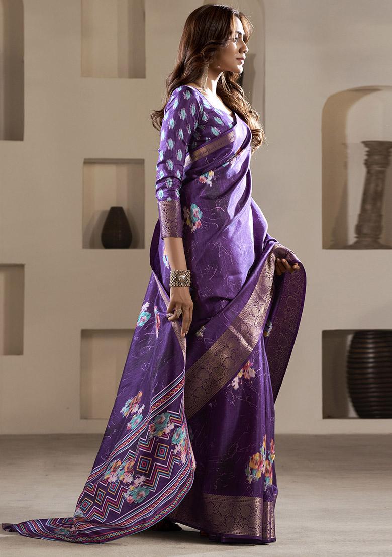 Purple Embroidered Silk Saree Set - Indya