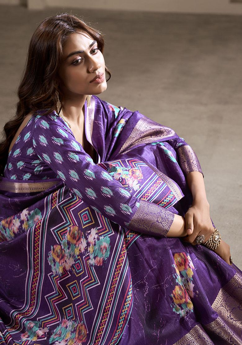 Purple Embroidered Silk Saree Set - Indya