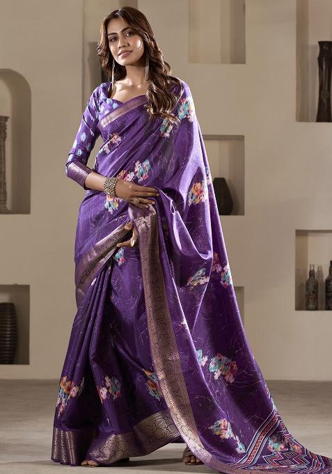 Purple Embroidered Silk Saree Set