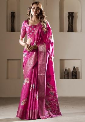Purple Embroidered Silk Saree Set