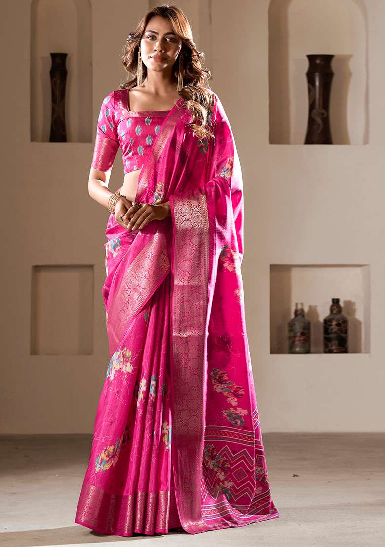Purple Embroidered Silk Blend Saree Set - Indya