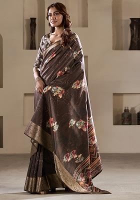 Brown Embroidered Silk Saree Set