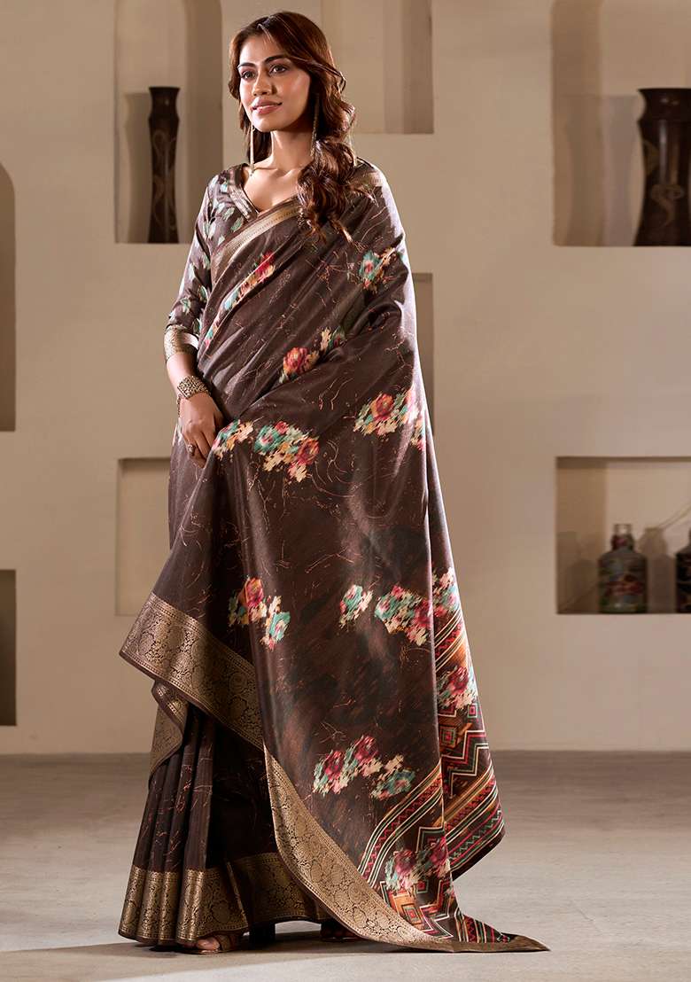 Brown Embroidered Silk Blend Saree Set - Indya