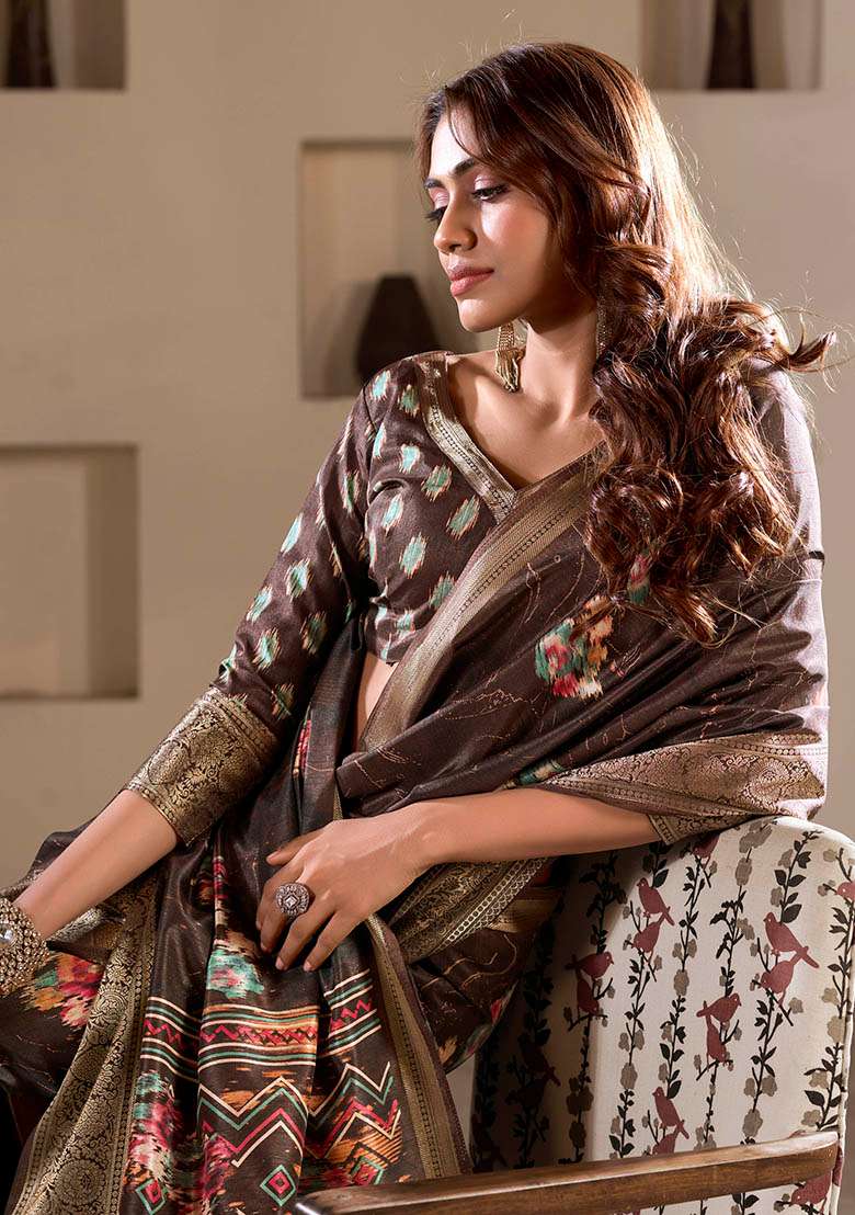 Brown Embroidered Silk Blend Saree Set - Indya
