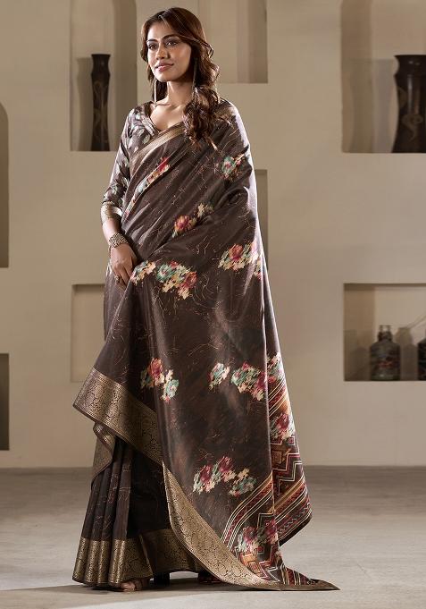 Brown Embroidered Silk Saree Set