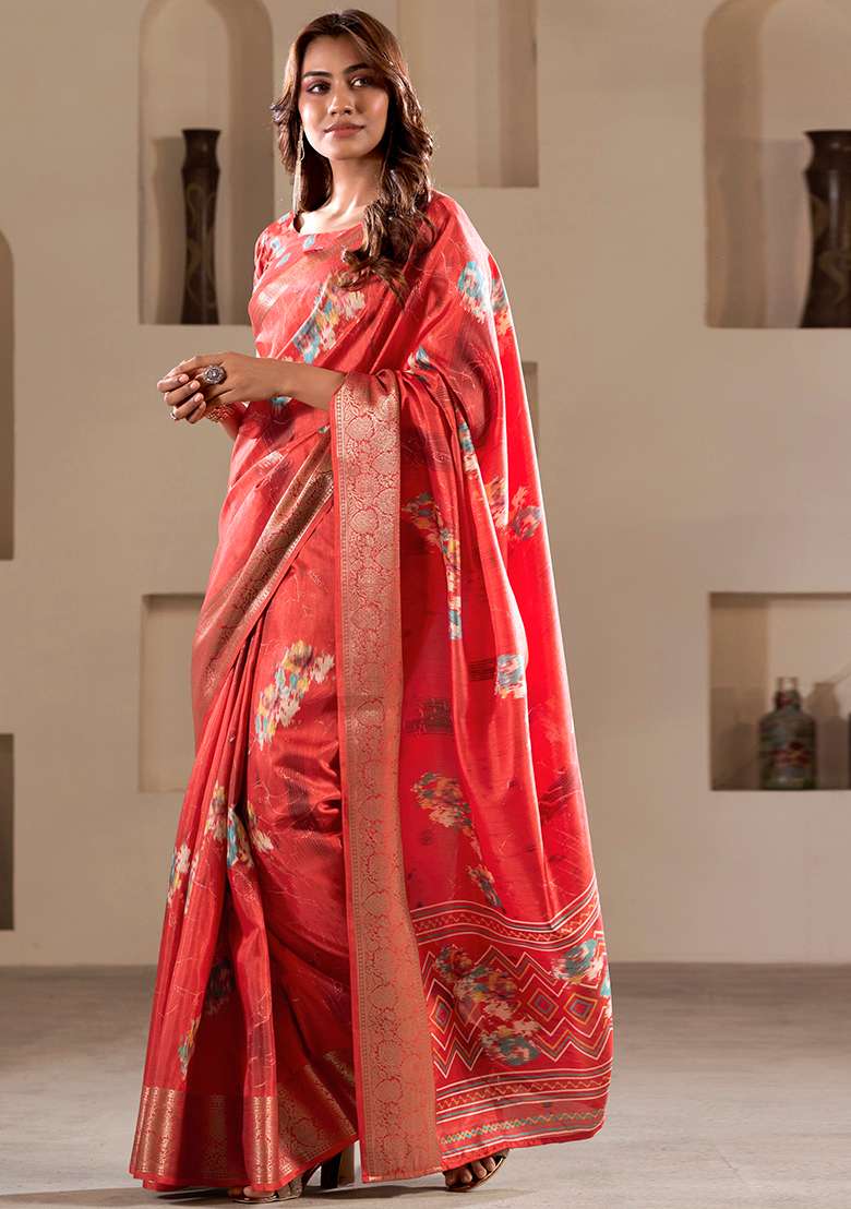 Red Embroidered Silk Blend Saree Set - Indya