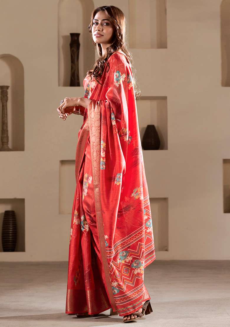 Red Embroidered Silk Blend Saree Set - Indya
