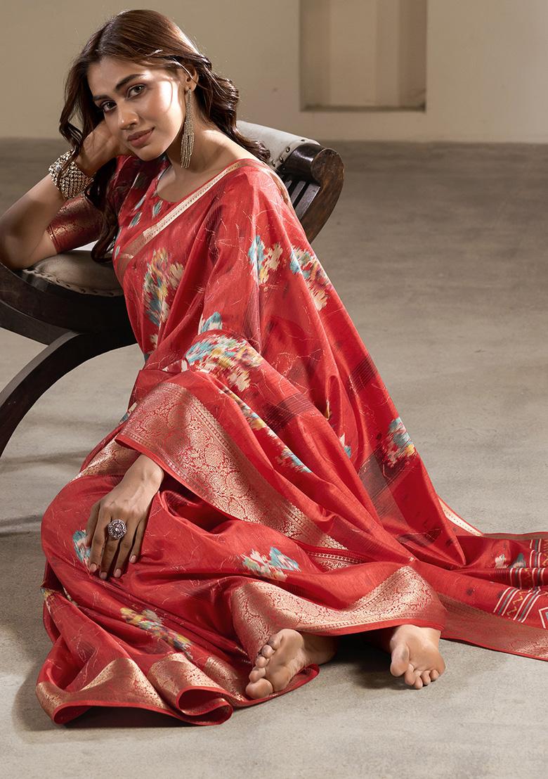 Red Embroidered Silk Saree Set - Indya
