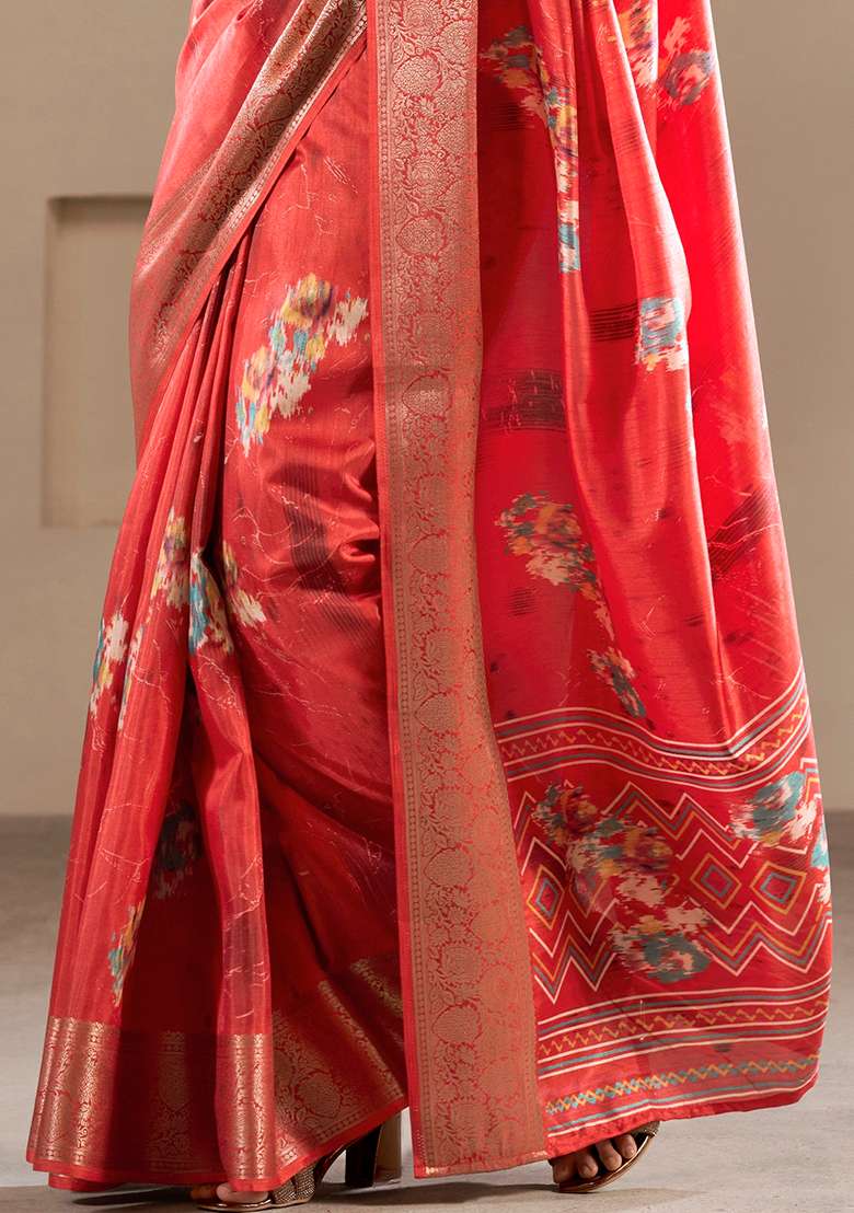 Red Embroidered Silk Blend Saree Set - Indya