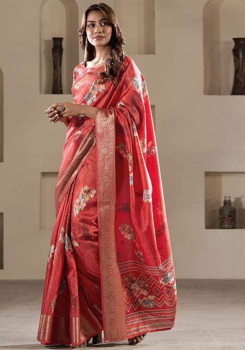 Red Embroidered Silk Saree Set