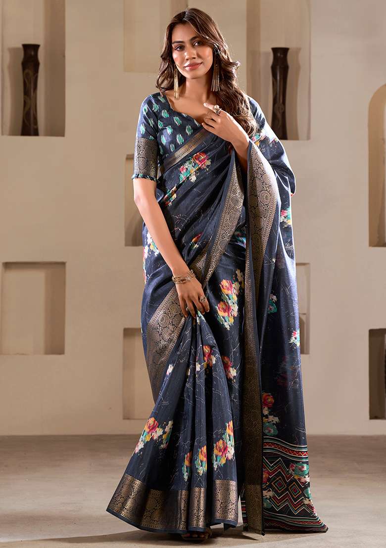 Blue Embroidered Silk Blend Saree Set - Indya
