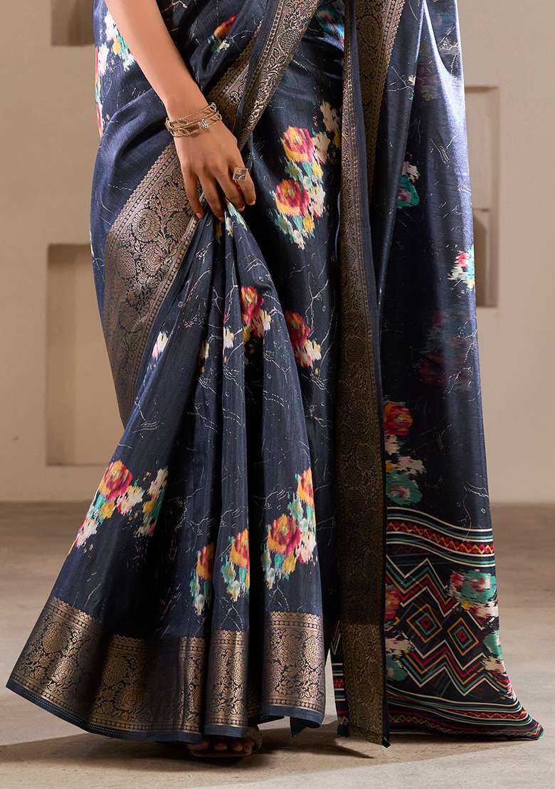Blue Embroidered Silk Blend Saree Set - Indya