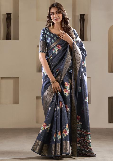 Blue Embroidered Silk Saree Set