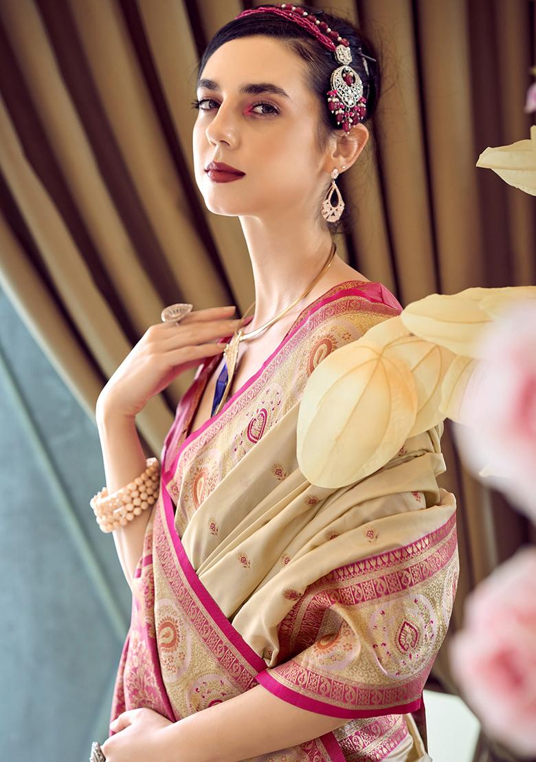Beige Embroidered Silk Saree Set - Indya