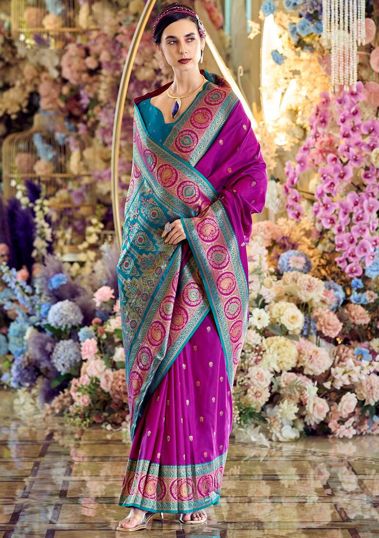 Purple Embroidered Silk Blend Saree Set - Indya