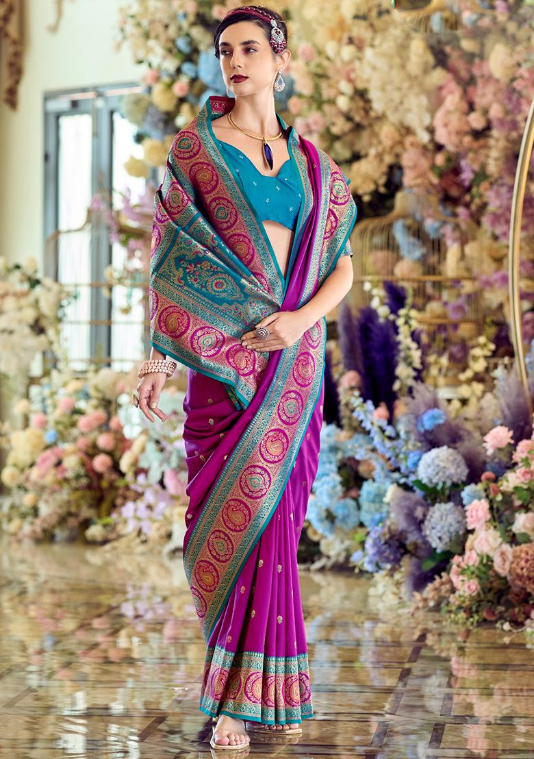 Purple Embroidered Silk Saree Set - Indya