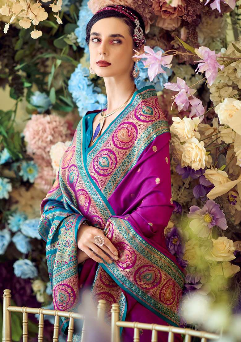 Purple Embroidered Silk Blend Saree Set - Indya