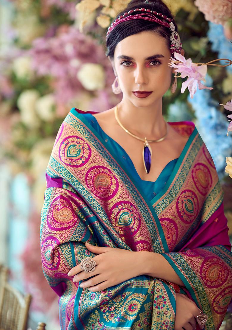 Purple Embroidered Silk Saree Set - Indya