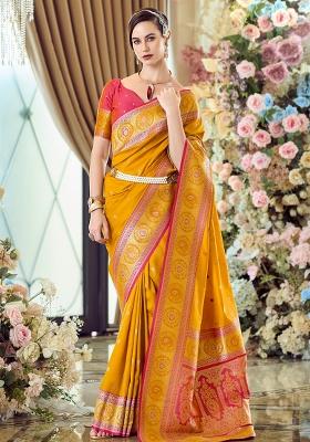 Yellow Embroidered Silk Saree Set