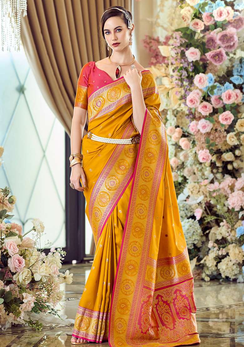 Yellow Embroidered Silk Saree Set - Indya