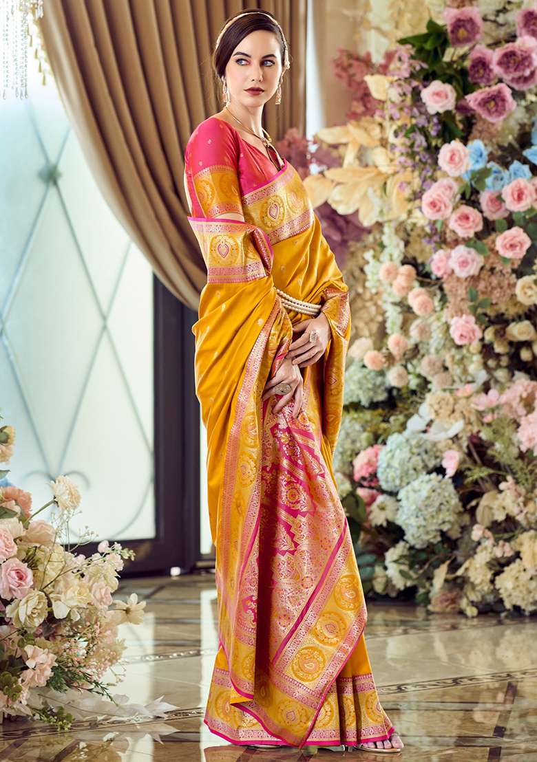 Yellow Embroidered Silk Saree Set - Indya