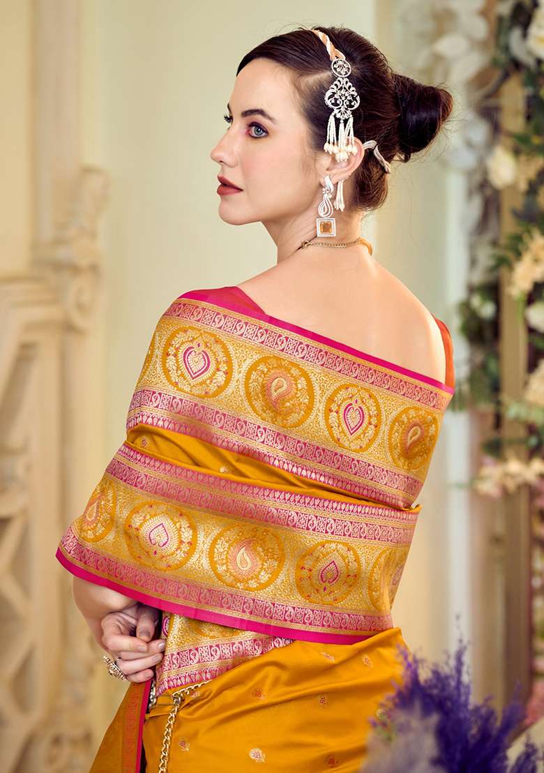 Yellow Embroidered Silk Saree Set - Indya