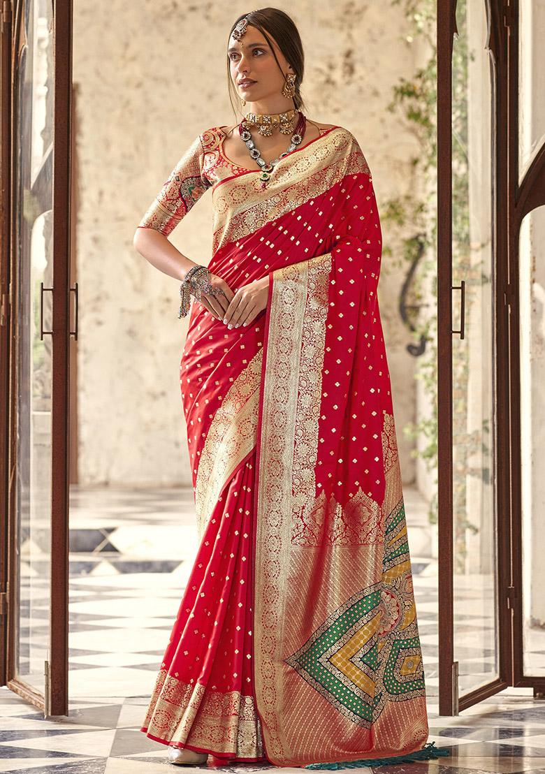 Red Embroidered Silk Saree Set - Indya