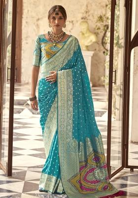Blue Embroidered Silk Saree Set