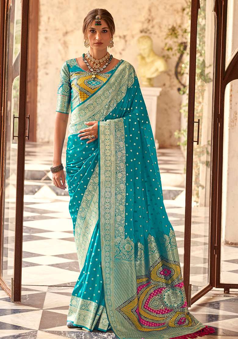 Blue Embroidered Silk Blend Saree Set - Indya