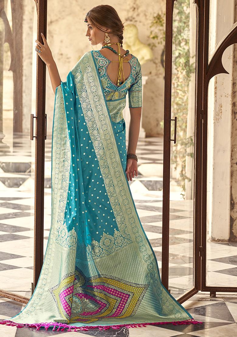 Blue Embroidered Silk Saree Set - Indya