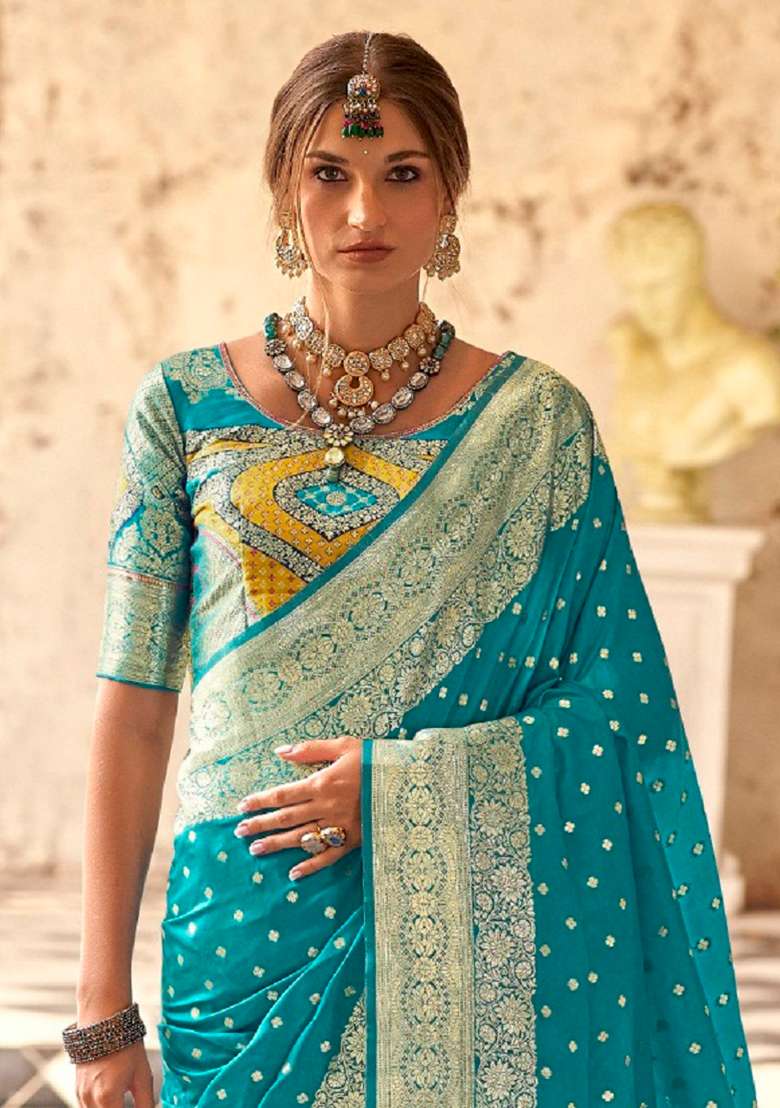 Blue Embroidered Silk Blend Saree Set - Indya