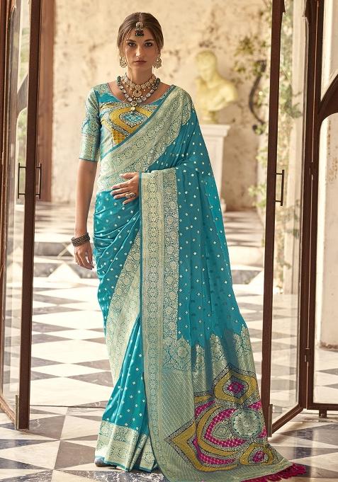 Blue Embroidered Silk Saree Set