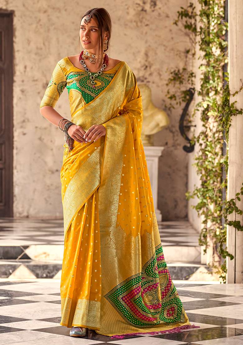Yellow Embroidered Silk Blend Saree Set - Indya