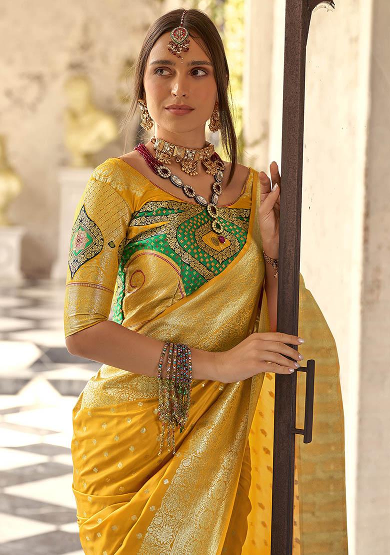 Yellow Embroidered Silk Saree Set - Indya