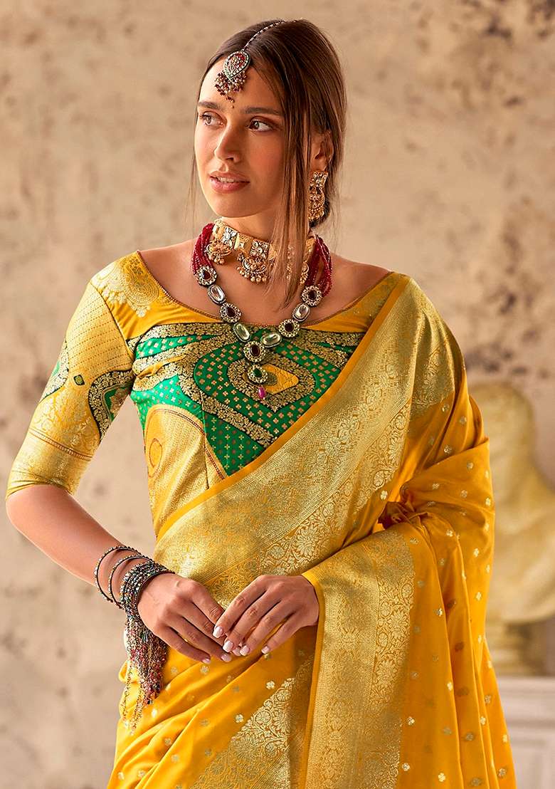 Yellow Embroidered Silk Blend Saree Set - Indya