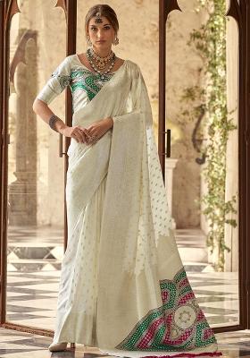 White Embroidered Silk Saree Set