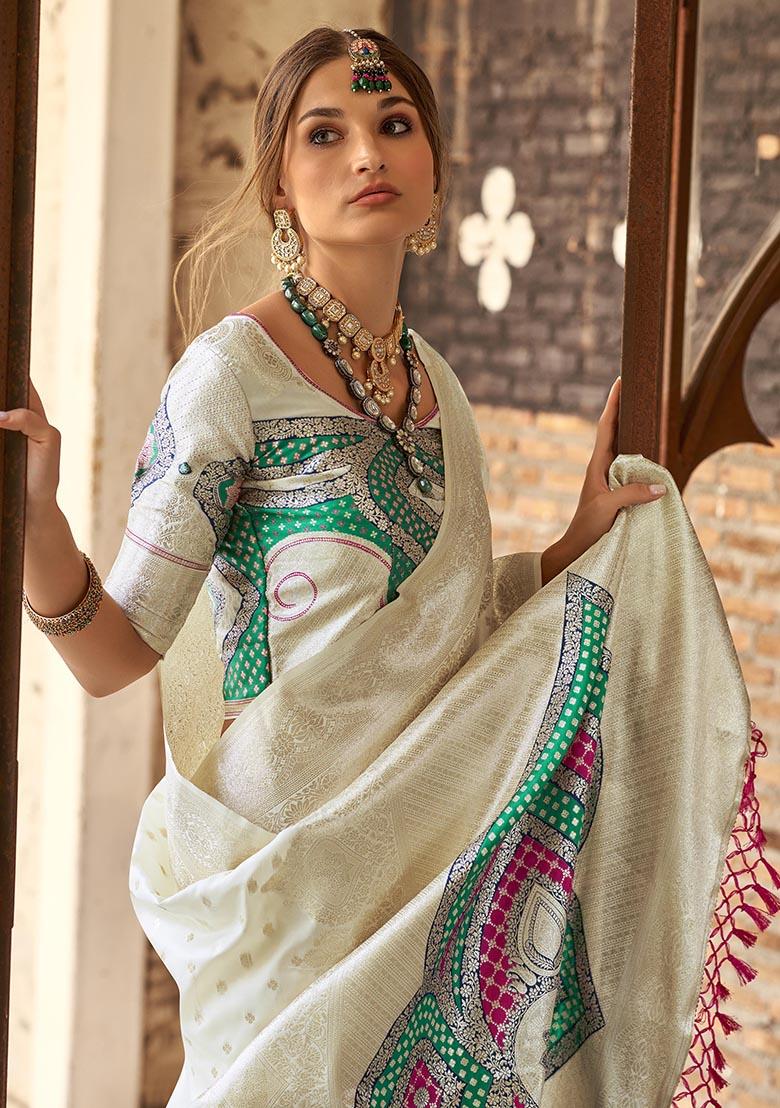 White Embroidered Silk Saree Set - Indya