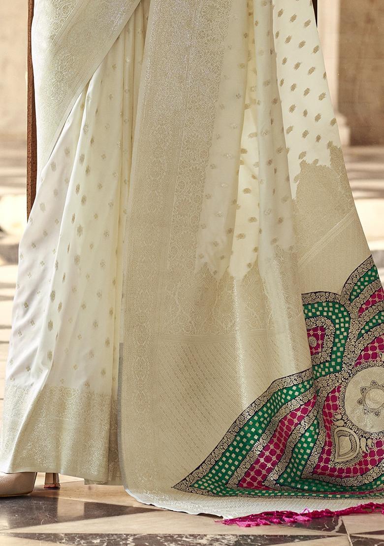 White Embroidered Silk Saree Set - Indya