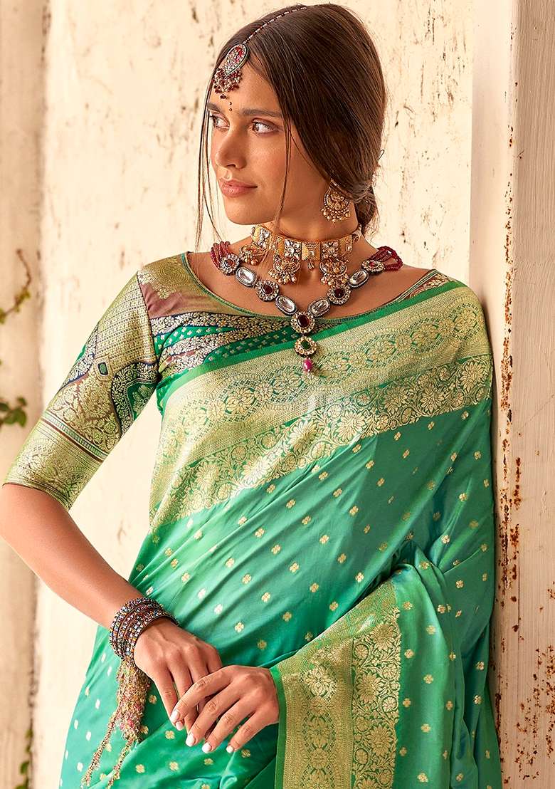 Blue Embroidered Silk Blend Saree Set - Indya