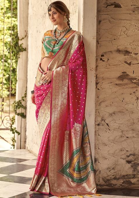 Pink Embroidered Silk Saree Set