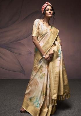 Brown Embroidered Silk Saree Set