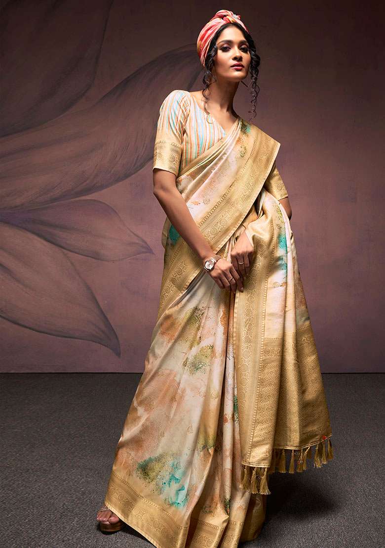Brown Embroidered Silk Blend Saree Set - Indya