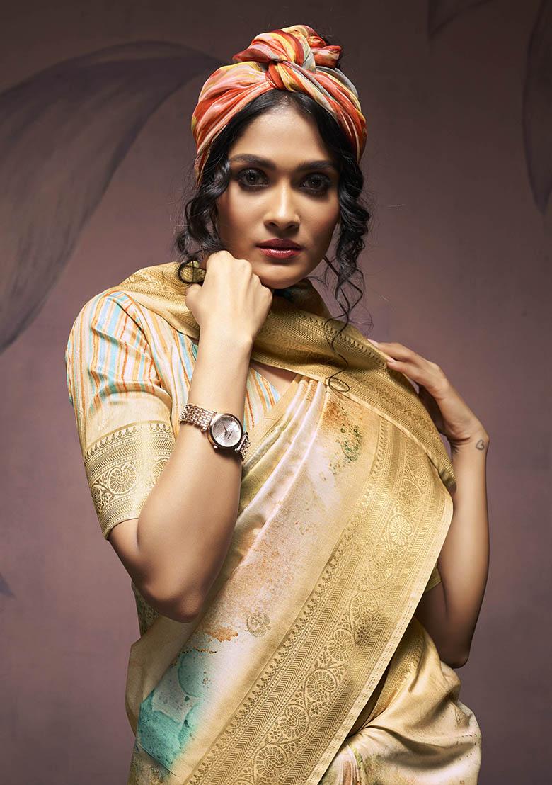 Brown Embroidered Silk Saree Set - Indya