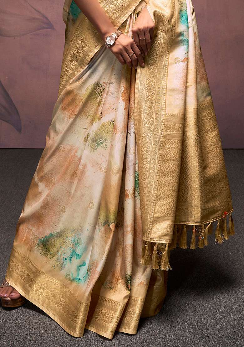 Brown Embroidered Silk Blend Saree Set - Indya