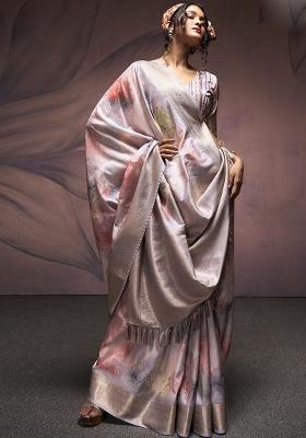 Grey Embroidered Silk Saree Set